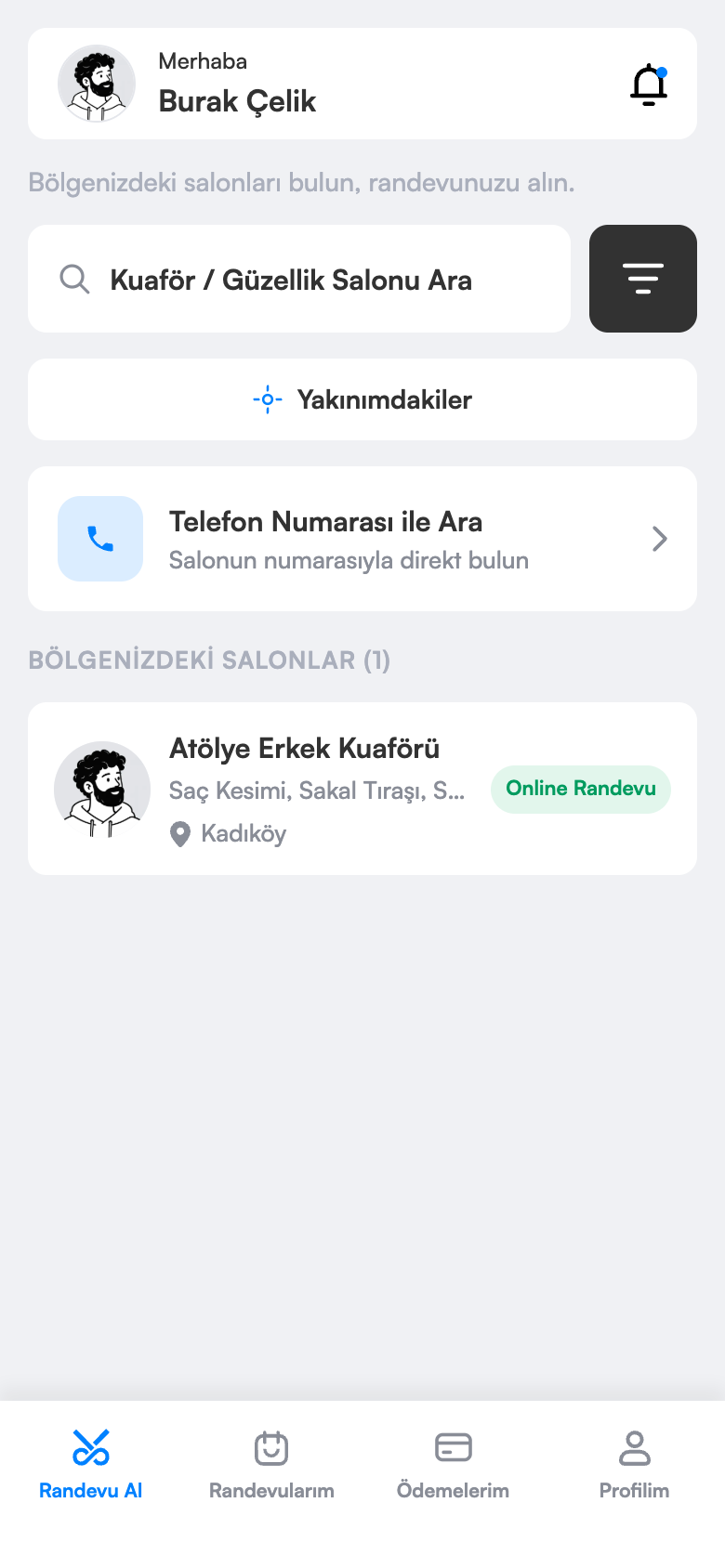 Müşteri uygulaması: salon arama